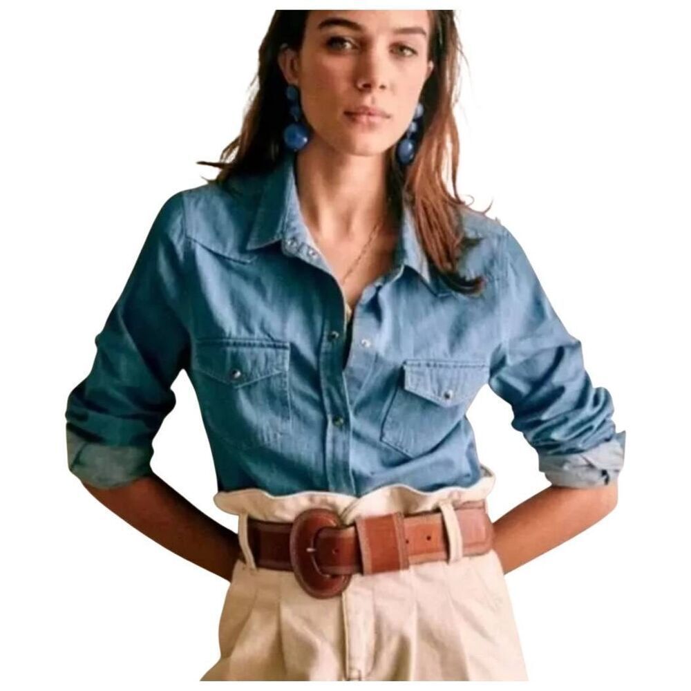 Sezane Servanne Cotton Long Sleeve Buttoned Denim blue shirt sz 34 (US 2)